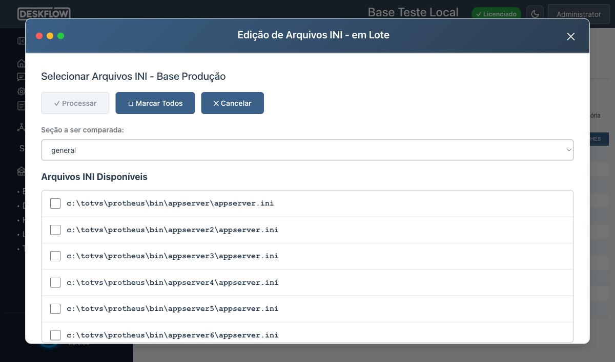 Editor INI com Monaco Editor mostrando appserver.ini