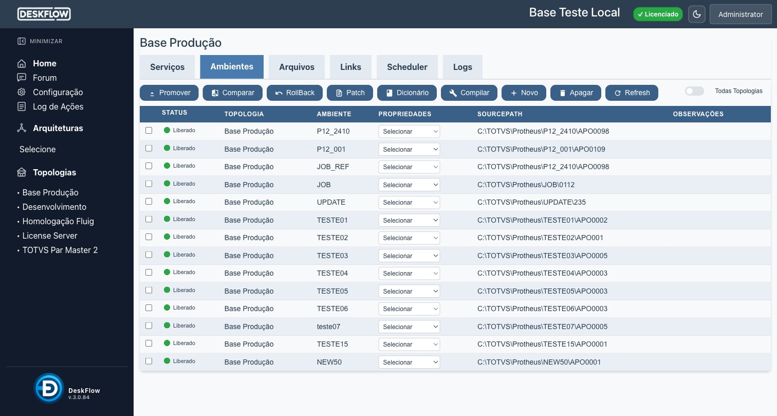 Aba Ambientes com lista de environments e sourcepaths