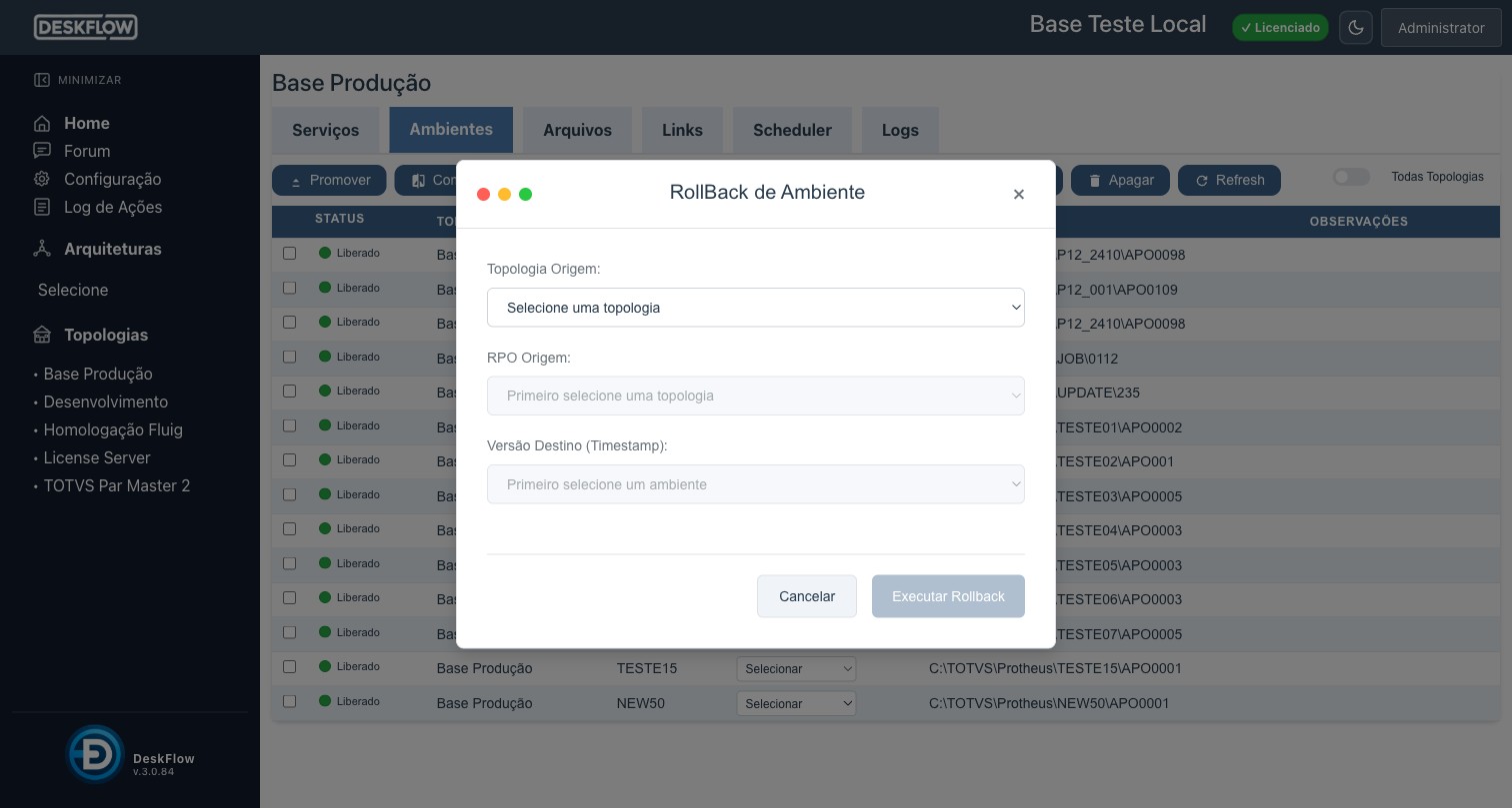 Modal de RollBack de Ambiente