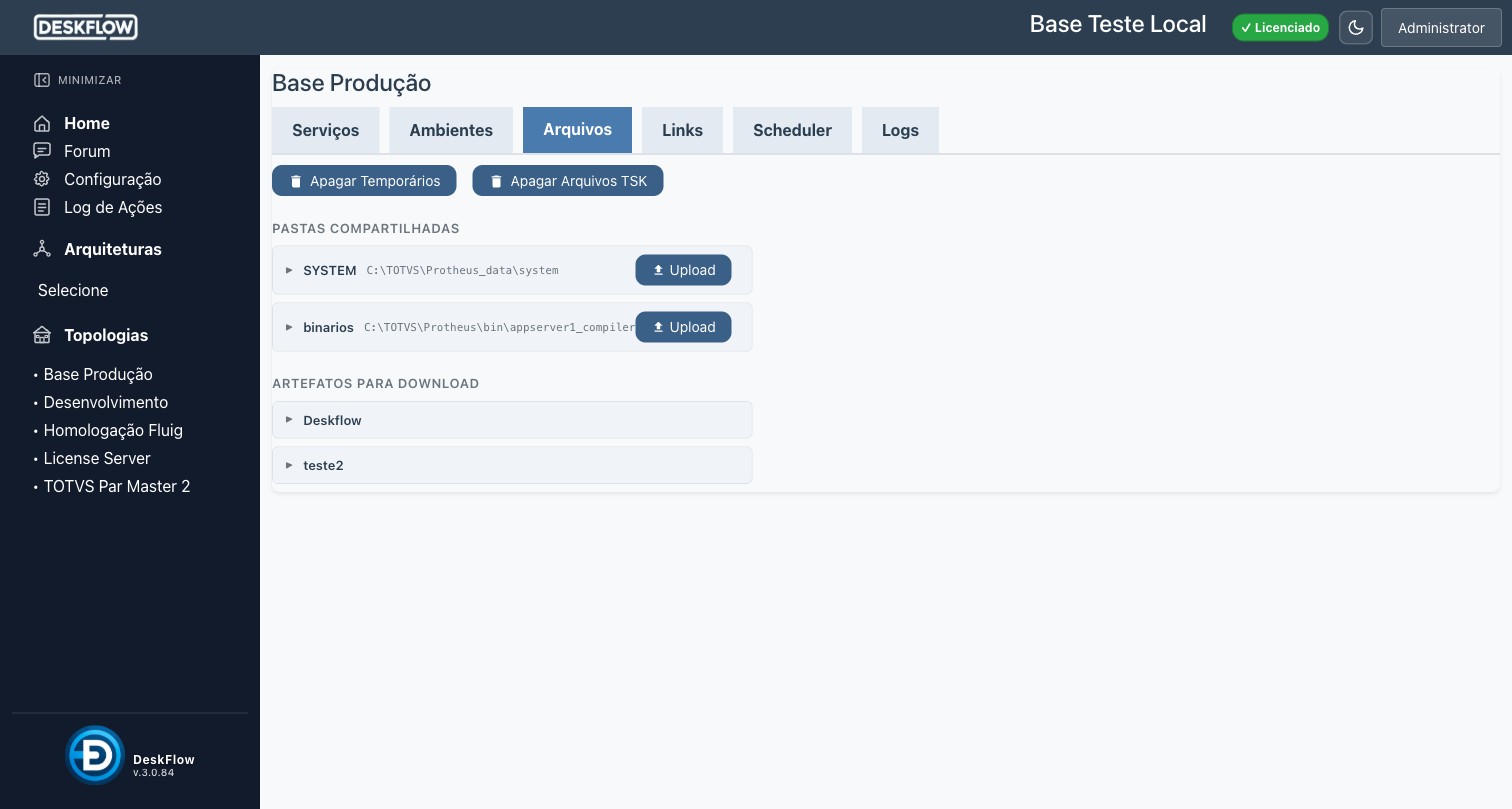 Aba Arquivos com pastas compartilhadas e artefatos para download
