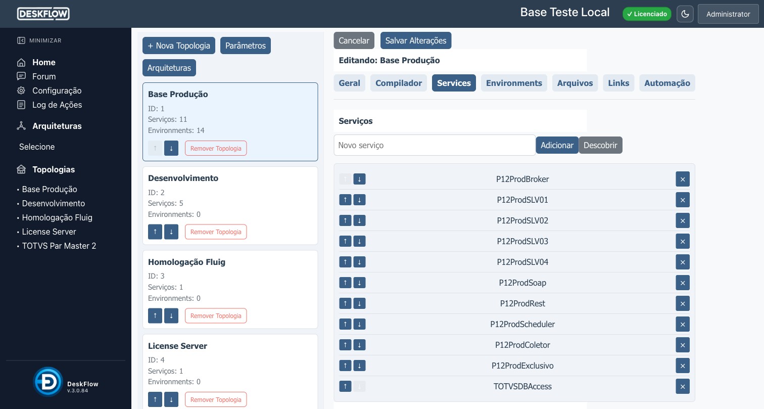 Config aba Services — lista de serviços com Descobrir